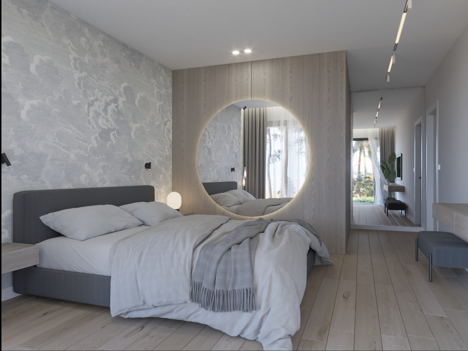 Nowoczesna sypialnia z łóżkiem w odcieniach szarości, okrągłym podświetlanym lustrem i tapetą w subtelny wzór chmur.
