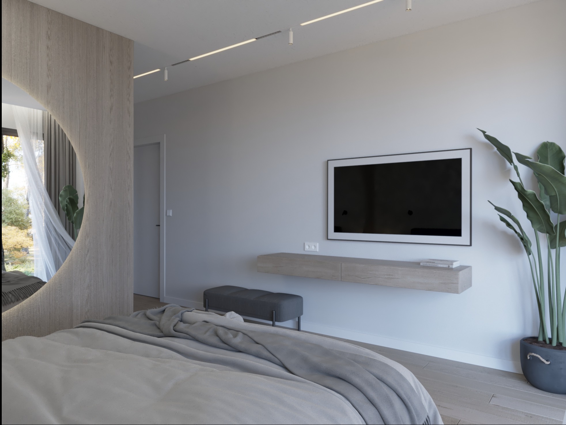 Nowoczesna sypialnia z łóżkiem w odcieniach szarości, drewnianą ścianką z lustrem w kształcie półksiężyca, wiszącą szafką RTV, telewizorem i rośliną w doniczce.