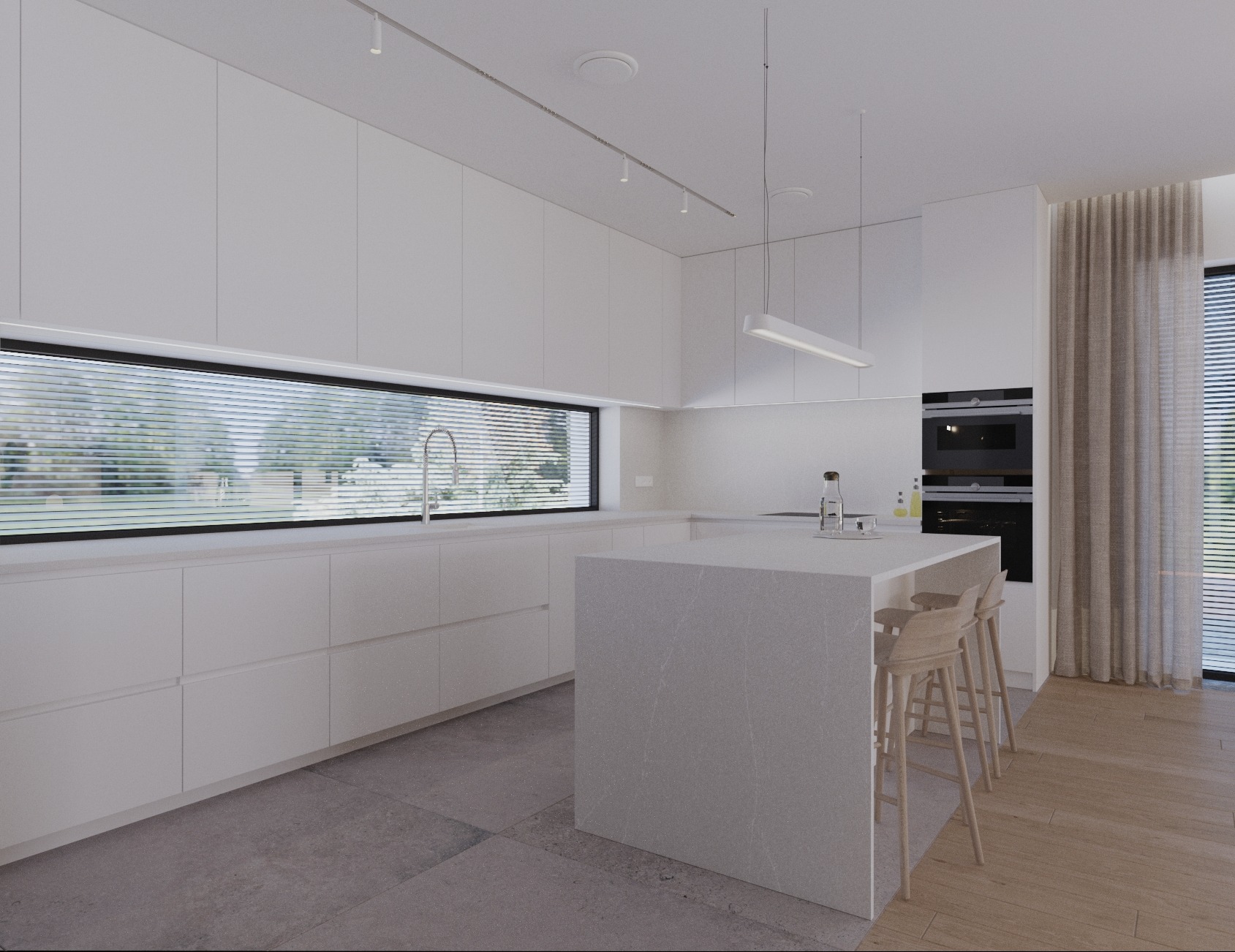 Minimalistyczna kuchnia w bieli z wyspą i horyzontalnym oknem z widokiem na zieleń, oświetlona listwą LED.