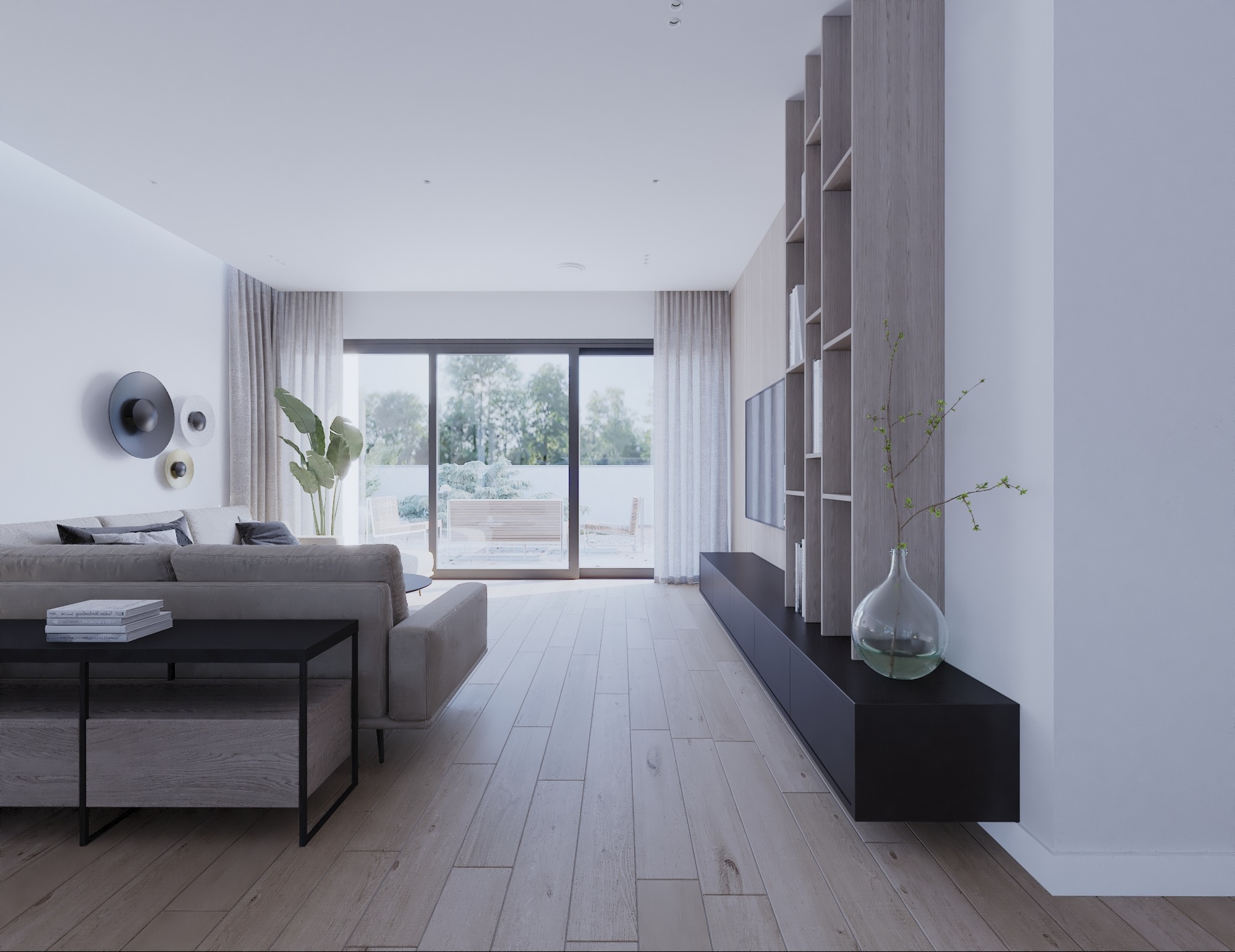 Jasny salon z drewnianą podłogą, beżową sofą z poduszkami, czarnym stolikiem kawowym z książkami, dekoracjami ściennymi, wysokim regałem z jasnego drewna i telewizorem oraz wazonem z gałązkami...