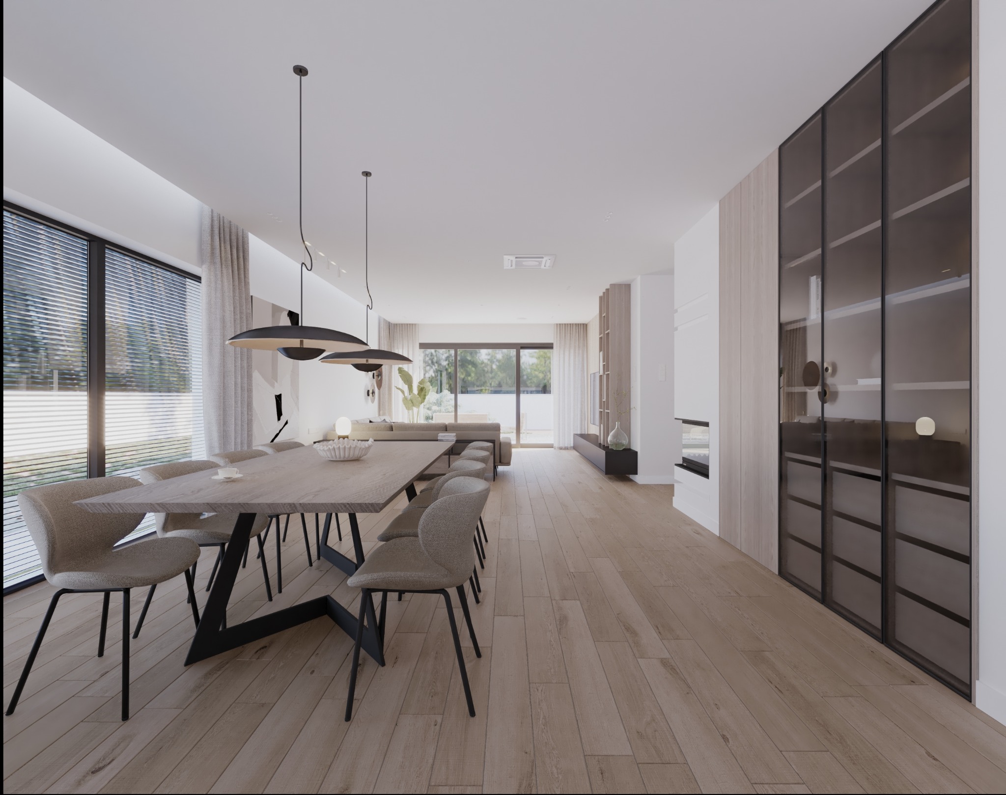 Jasne wnętrze: stół jadalny z krzesłami na tle salonu z dużym oknem i przeszkloną szafą, drewniana podłoga, nowoczesne lampy wiszące.