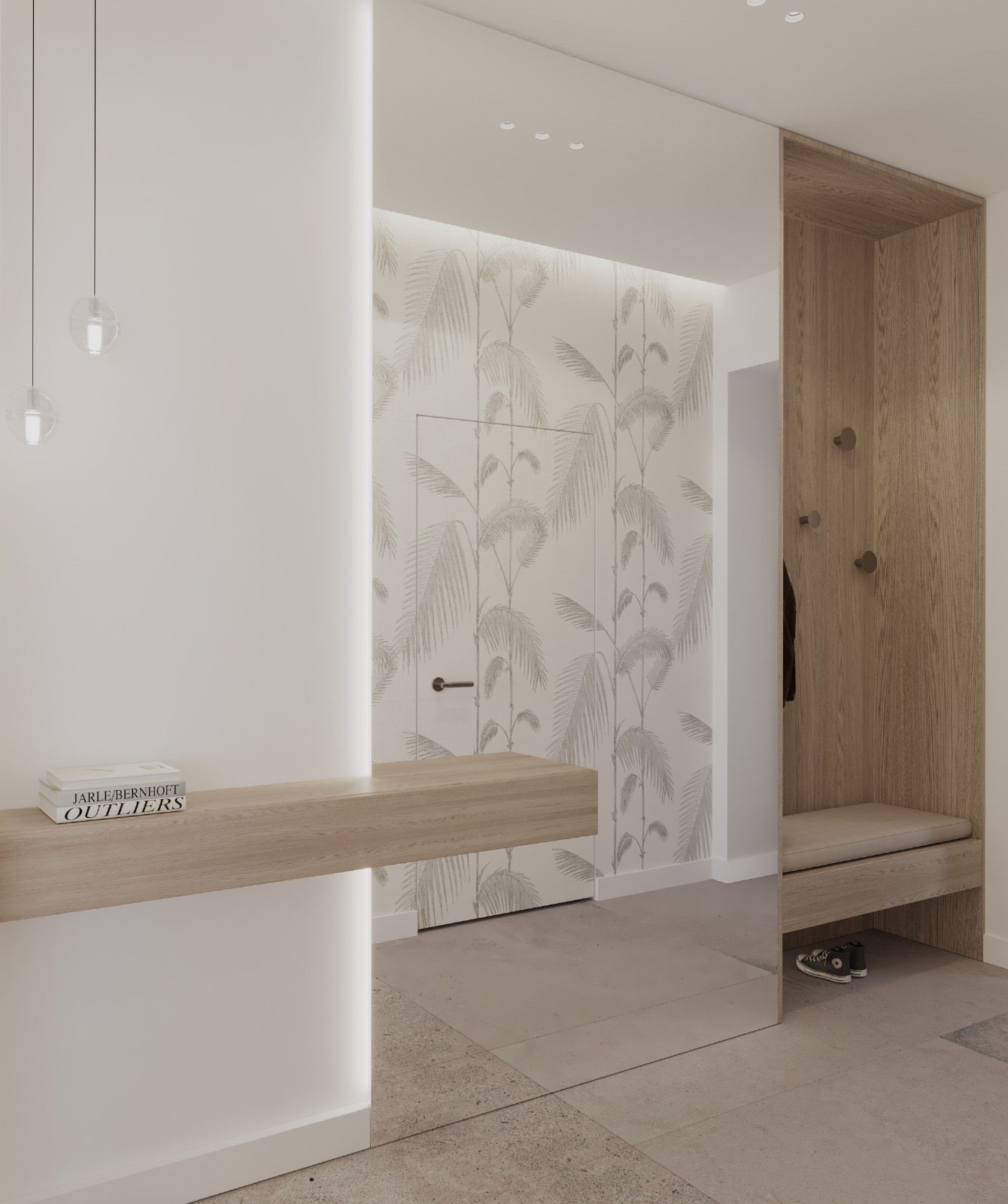 Nowoczesny przedpokój z lustrzaną ścianą, drewnianą konsolą z podświetleniem LED, tapetą w palmy, oraz zabudowaną szafą z siedziskiem i ukrytymi butami.