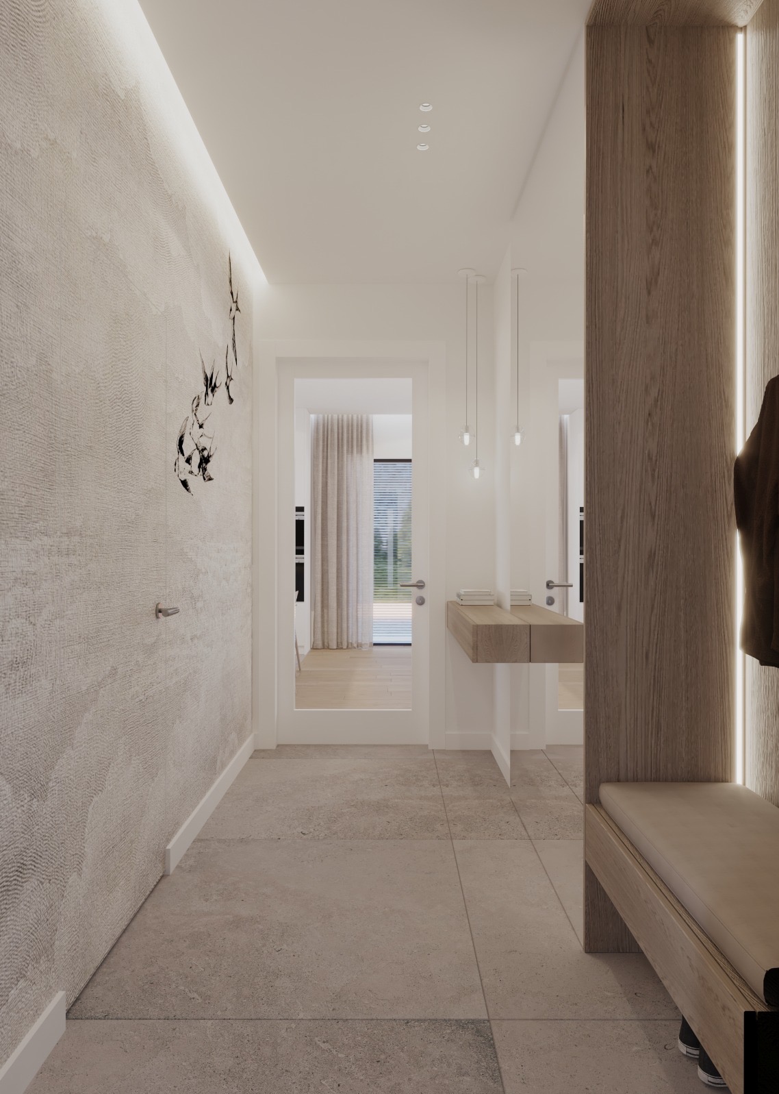 Nowoczesny przedpokój z teksturowaną ścianą, minimalistycznym wieszakiem z siedziskiem i wiszącymi lampami, widok na salon przez białe drzwi.