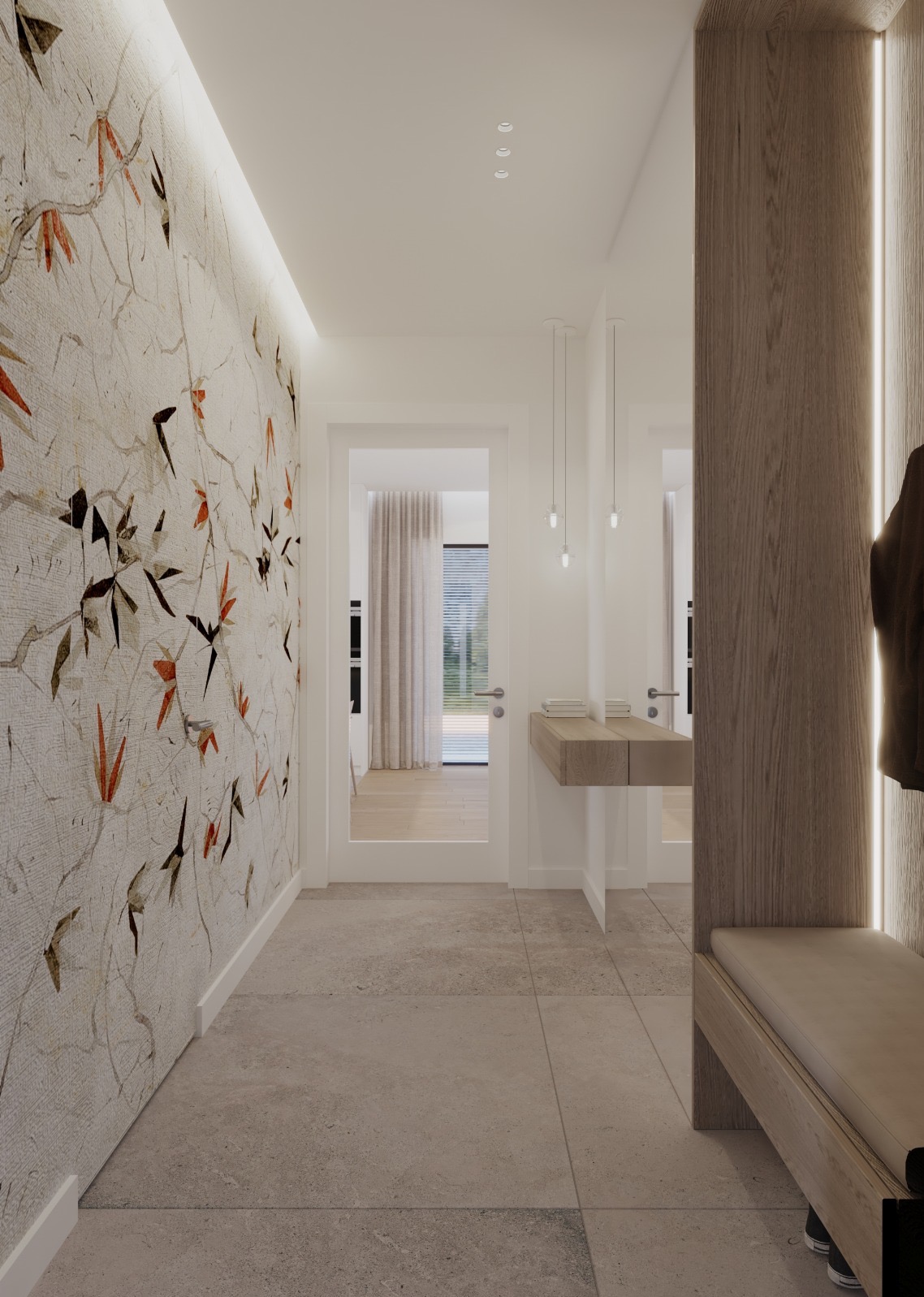 Nowoczesny korytarz z tapetą w motywy roślinne, drewnianą zabudową z oświetleniem LED, wiszącą konsolą i widokiem na salon przez przeszklone drzwi.