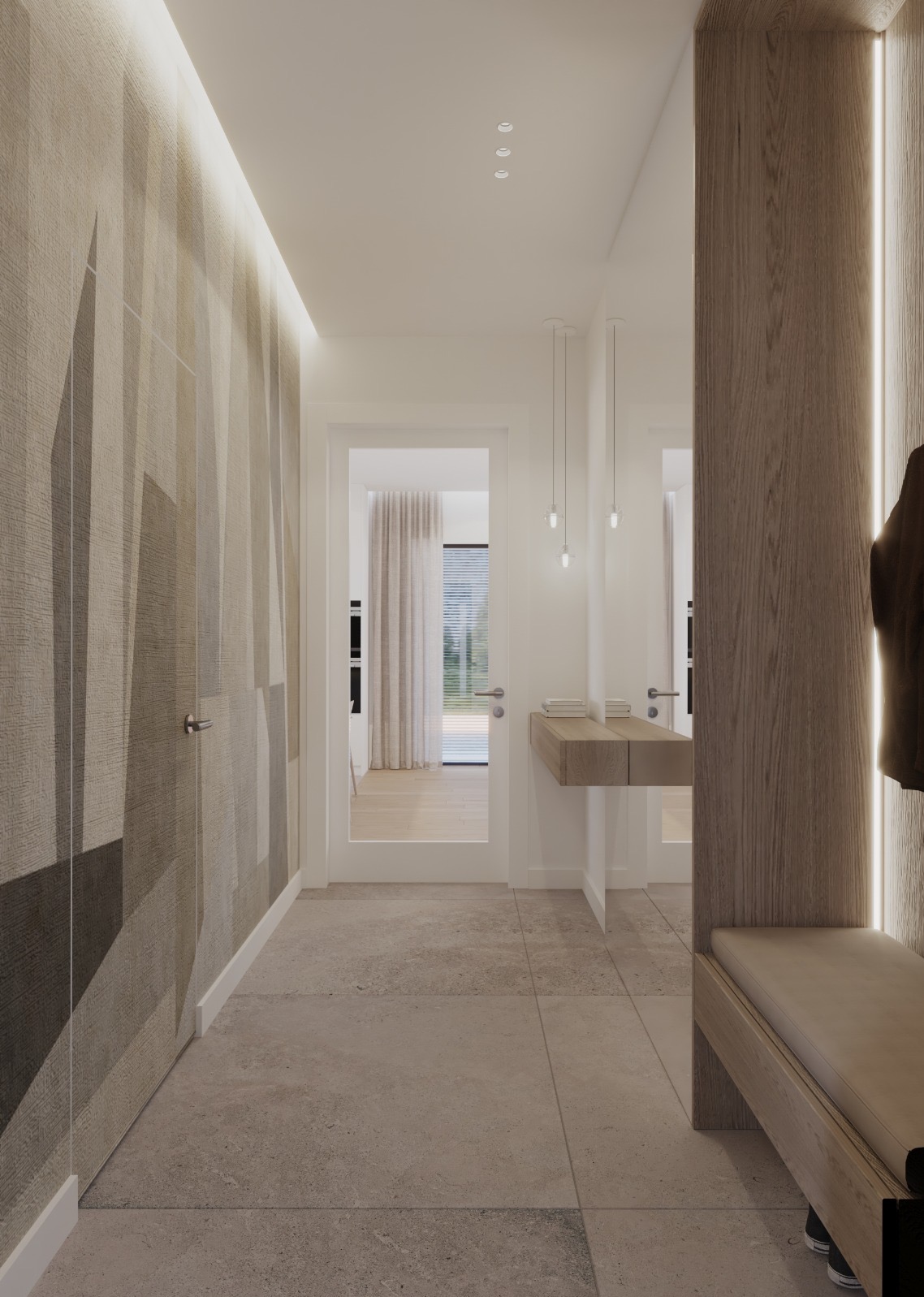 Nowoczesny przedpokój z tapetą w geometryczne wzory, drewnianą konsolą i siedziskiem, oświetleniem LED oraz widokiem na jasny salon przez przeszklone drzwi.