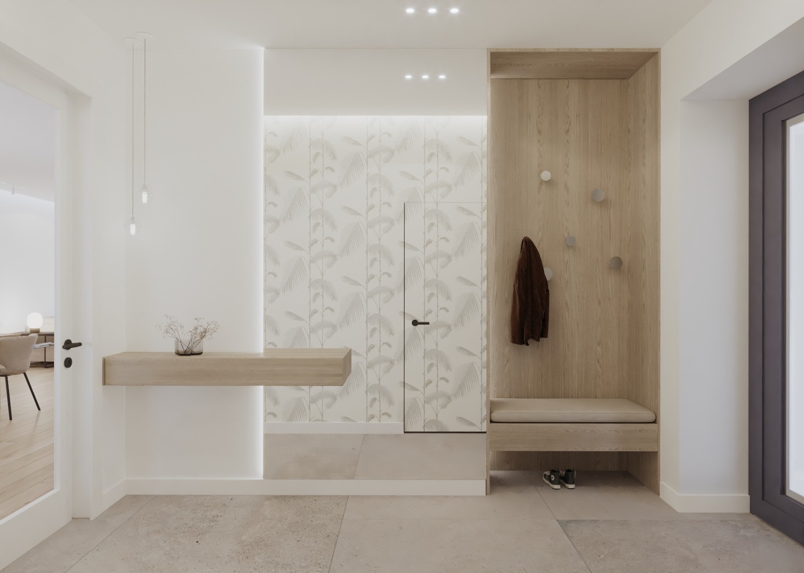 Nowoczesny przedpokój z drewnianą zabudową, tapetą w palmy, wiszącą półką z kwiatami i minimalistycznym oświetleniem punktowym.
