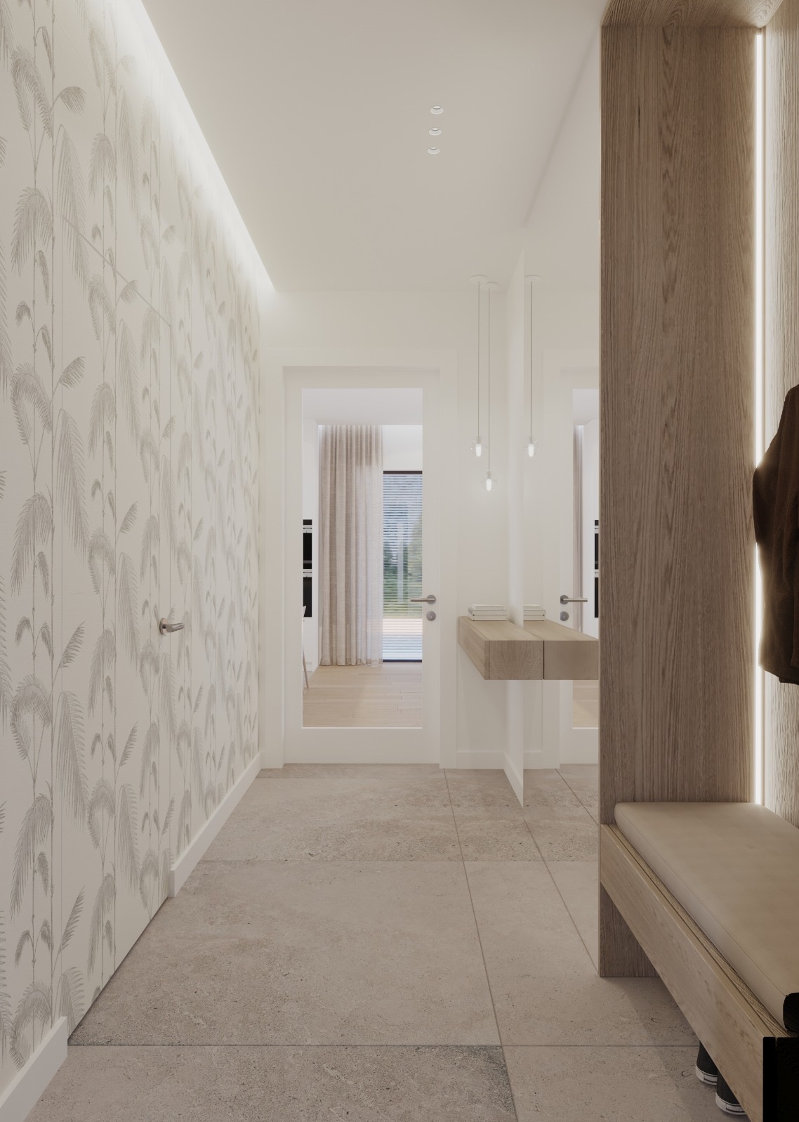 Nowoczesny przedpokój w Poznaniu z tapetą w roślinny wzór, drewnianą konsolą i siedziskiem z oświetleniem LED, widok na jasne wnętrze przez przeszklone drzwi.