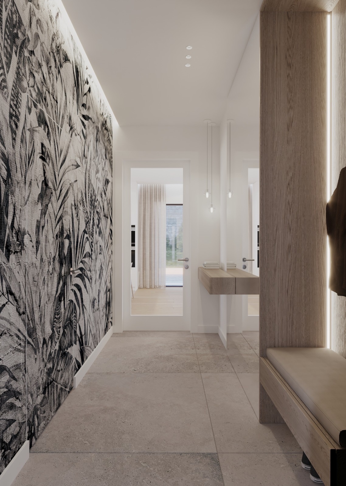 Nowoczesny przedpokój z tapetą w tropikalne liście, drewnianym siedziskiem z oświetleniem LED i minimalistyczną konsolą.