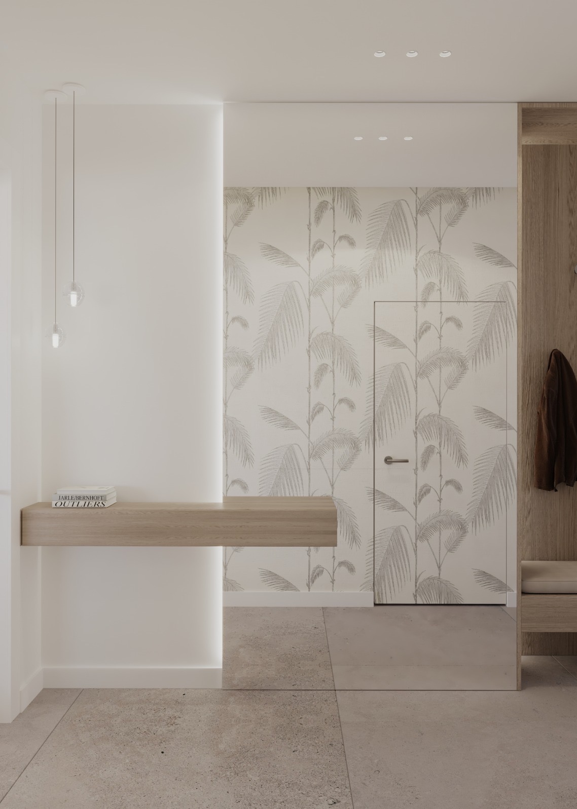 Nowoczesny przedpokój z minimalistyczną konsolą, tapetą w palmy i ukrytymi drzwiami, oświetlenie LED.