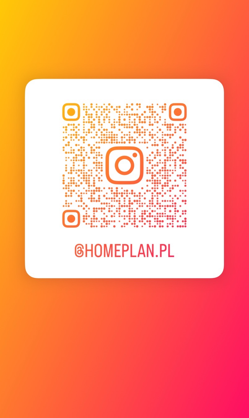 Pomarańczowy kod QR z logo Instagrama w środku, prowadzący do profilu @HOMEPLAN.PL na gradientowym tle.