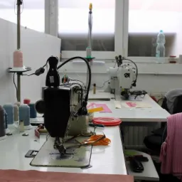 Szwalnia: stanowisko pracy z maszyną do szycia, nici, nożyczki i fragment materiału. W tle okno i kalendarz.