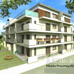 Wizualizacja budynku wielorodzinnego z balkonami, otoczonego zielenią i elementami małej architektury, takimi jak ławka i huśtawka. Na pierwszym planie widoczny napis 'ARCHITEKCI Miejska Pracownia...