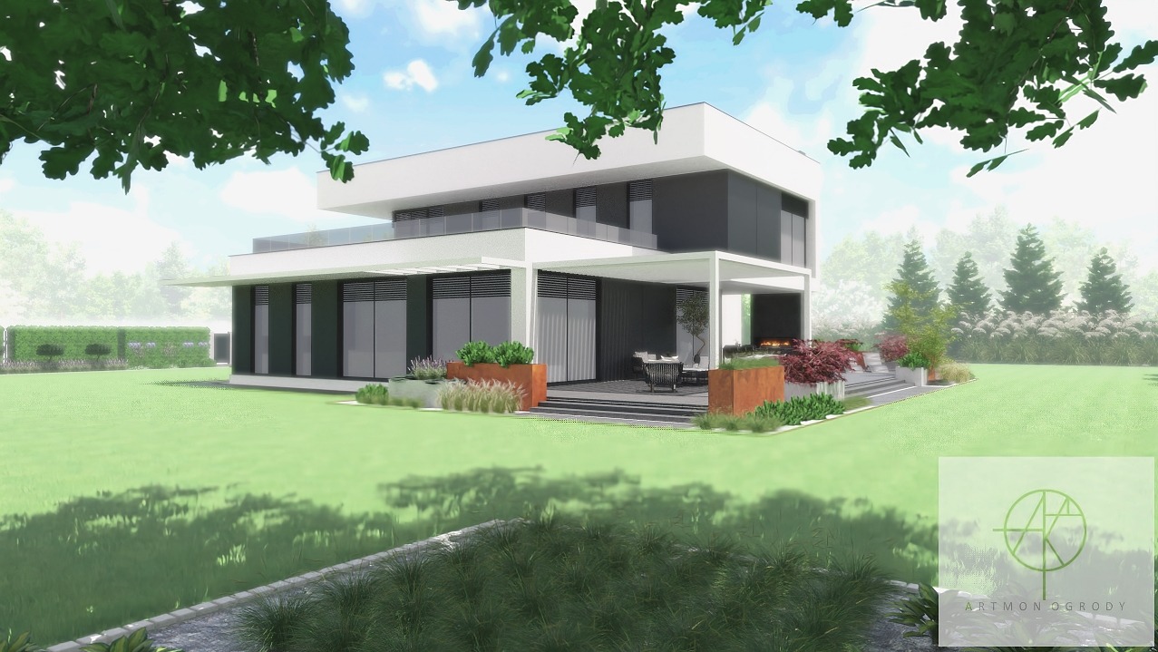 Wizualizacja ogrodu nowoczesnego domu z dużym trawnikiem, roślinami w donicach z cortenu i drzewami iglastymi w tle. Widoczne meble ogrodowe na tarasie.