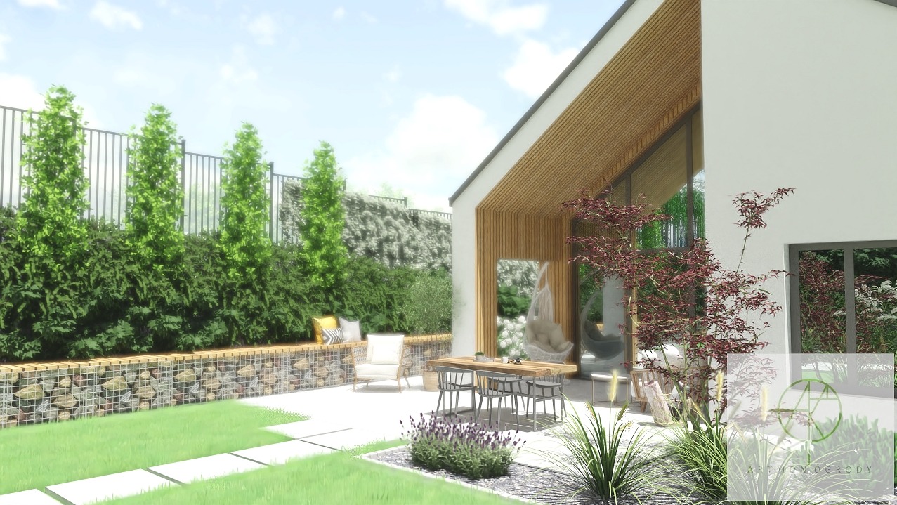 Wizualizacja nowoczesnego ogrodu z gabionowym murem oporowym obsadzonym roślinami, minimalistycznym patio z meblami ogrodowymi i wiszącym fotelem, oraz elementami małej architektury.