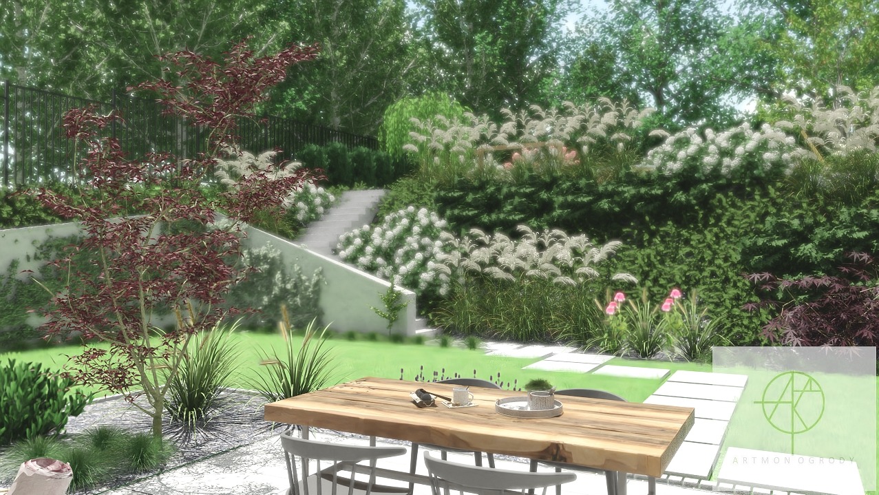 Wizualizacja ogrodu z drewnianym stołem i krzesłami na pierwszym planie, ścieżka z płyt prowadząca przez trawnik, schody w tle i różnorodne rośliny ozdobne.