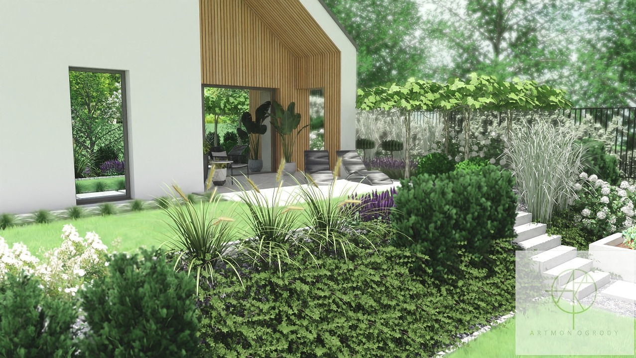 Wizualizacja ogrodu przy nowoczesnym domu z drewnianą elewacją, obejmująca trawnik, ozdobne krzewy, schody z białego kamienia, rabaty kwiatowe i meble ogrodowe na tarasie.