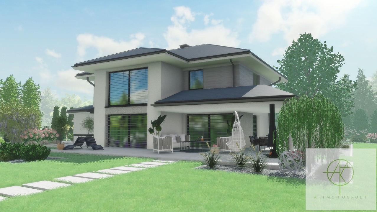 Wizualizacja projektu zagospodarowania terenu wokół nowoczesnego domu z tarasem, obejmująca trawnik, ścieżkę z płyt, roślinność ozdobną i meble ogrodowe.
