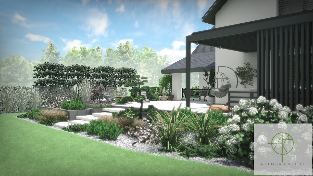 Wizualizacja ogrodu z tarasem, z nowoczesną pergolą i wiszącym fotelem, schody prowadzące do podwyższonej części ogrodu z roślinnością ozdobną i trawnikiem.