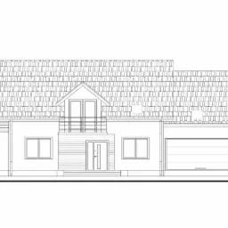 Czarno-biały rysunek techniczny elewacji domu jednorodzinnego z garażem, widok frontalny.