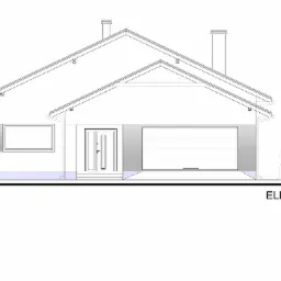 Rysunek techniczny elewacji frontowej domu jednorodzinnego z garażem, widok z przodu, skala 1:100.