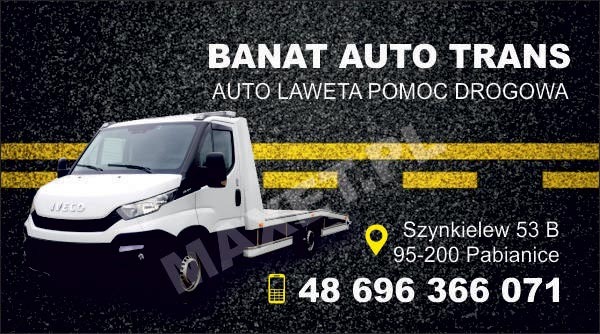Biała laweta Iveco na ciemnym tle z żółtymi pasami, logo firmy Banat Auto Trans, adres i numer telefonu. Reklama usług auto lawety i pomocy drogowej.