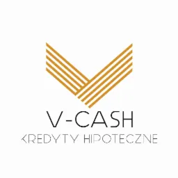 Logo firmy V-CASH oferującej kredyty hipoteczne, z symbolem strzałki skierowanej w dół utworzonej z czterech złotych linii.