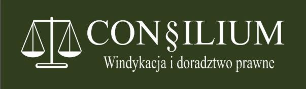 Logo firmy Consilium z wagą sprawiedliwości i informacją o doradztwie prawnym na ciemnozielonym tle.