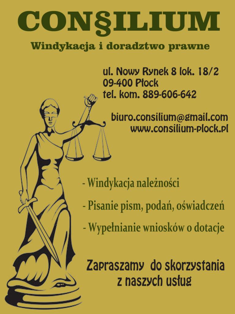 Grafika reklamowa firmy prawniczej z Płocka, stylizowana na złoty napis na oliwkowym tle, przedstawiająca Temidę z wagą i mieczem oraz dane kontaktowe i zakres usług.