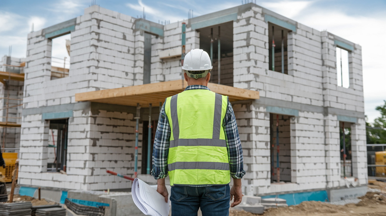 Mężczyzna w kasku i kamizelce odblaskowej, stojący tyłem do kamery, trzymający plany na tle surowego stanu budynku z białych bloczków.