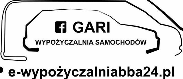 Logo firmy GARI z ikoną Facebooka, napisem 'WYPOŻYCZALNIA SAMOCHODÓW' i adresem strony e-wypozyczalniabba24.pl, wszystko w czarno-białej grafice przedstawionej na tle zarysu samochodu.