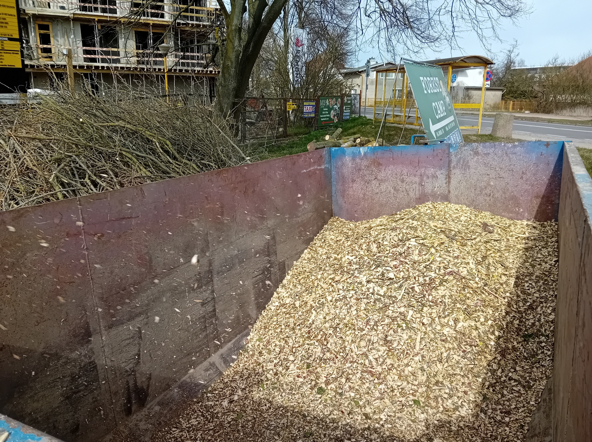 Kontener wypełniony zrębkami drzewnymi; w tle gałęzie, budynek w budowie i tablica informacyjna. Widok z góry na zawartość kontenera.