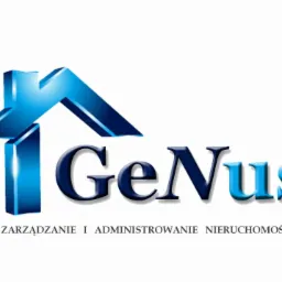 Logo firmy GeNus z niebieskim symbolem domu i napisem 'Zarządzanie i administrowanie nieruchomościami' poniżej.