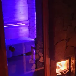 Wnętrze sauny z podświetleniem LED i piecem opalanym drewnem, widoczne przez szklane drzwi.