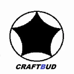 Czarno-białe logo firmy CraftBud: czarna pięcioramienna gwiazda w okręgu, nazwa firmy poniżej, 'BUD' na niebiesko.