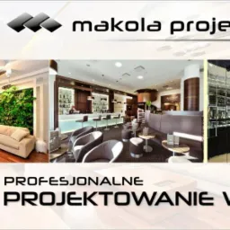 Kompozycja z trzech kadrów: salon z zieloną ścianą, bar z krzesłami i sklep jubilerski. Całość sygnowana logiem 'makola projekt studio'.