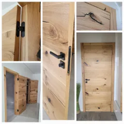 Kompozycja z drewnianych drzwi wewnętrznych o naturalnym wykończeniu i czarnych okuciach, prezentująca detale usłojenia i nowoczesny design.