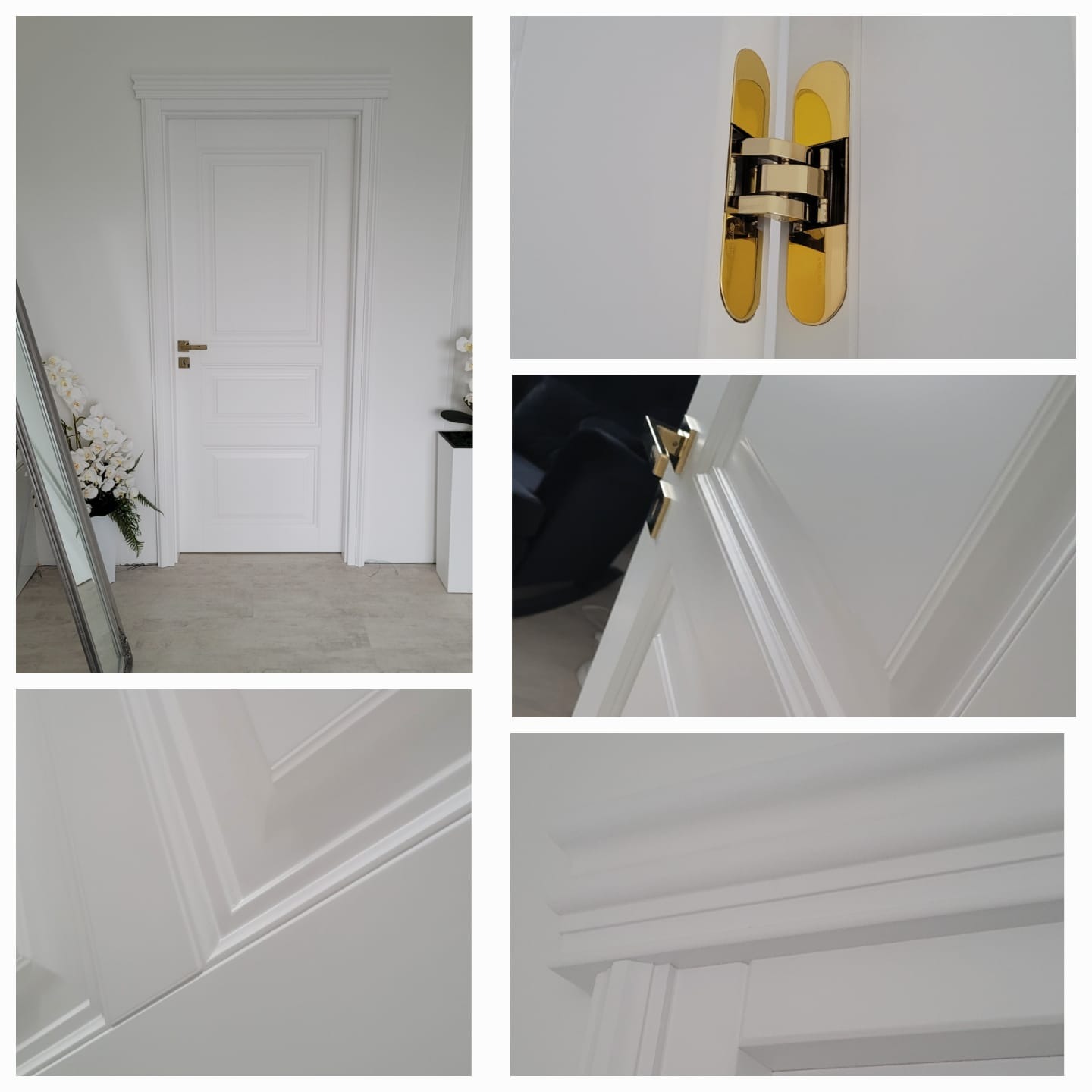 Białe drzwi z ukrytymi zawiasami w kolorze złotym, widoczne detale wykończenia i listwy ozdobne.