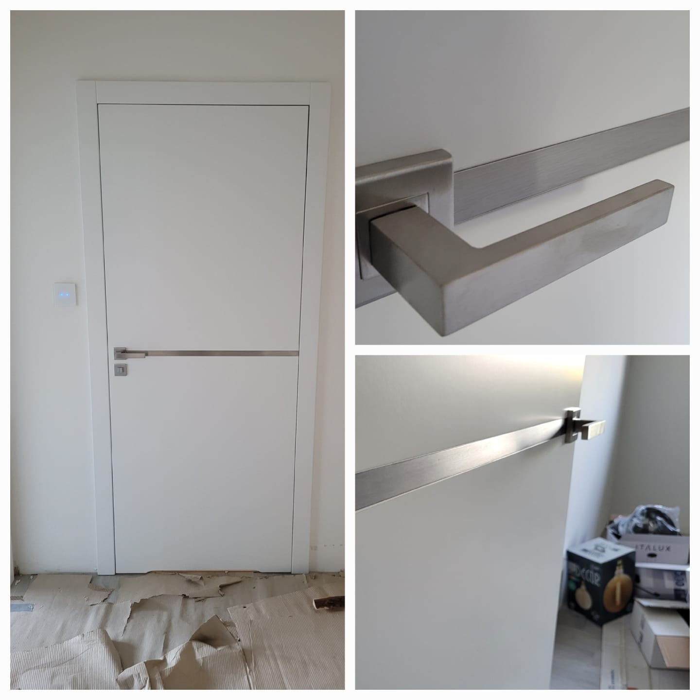Białe skrzydło z poziomym, metalowym akcentem i klamką, widoczne podczas montażu; zabezpieczona podłoga, w tle kartony.