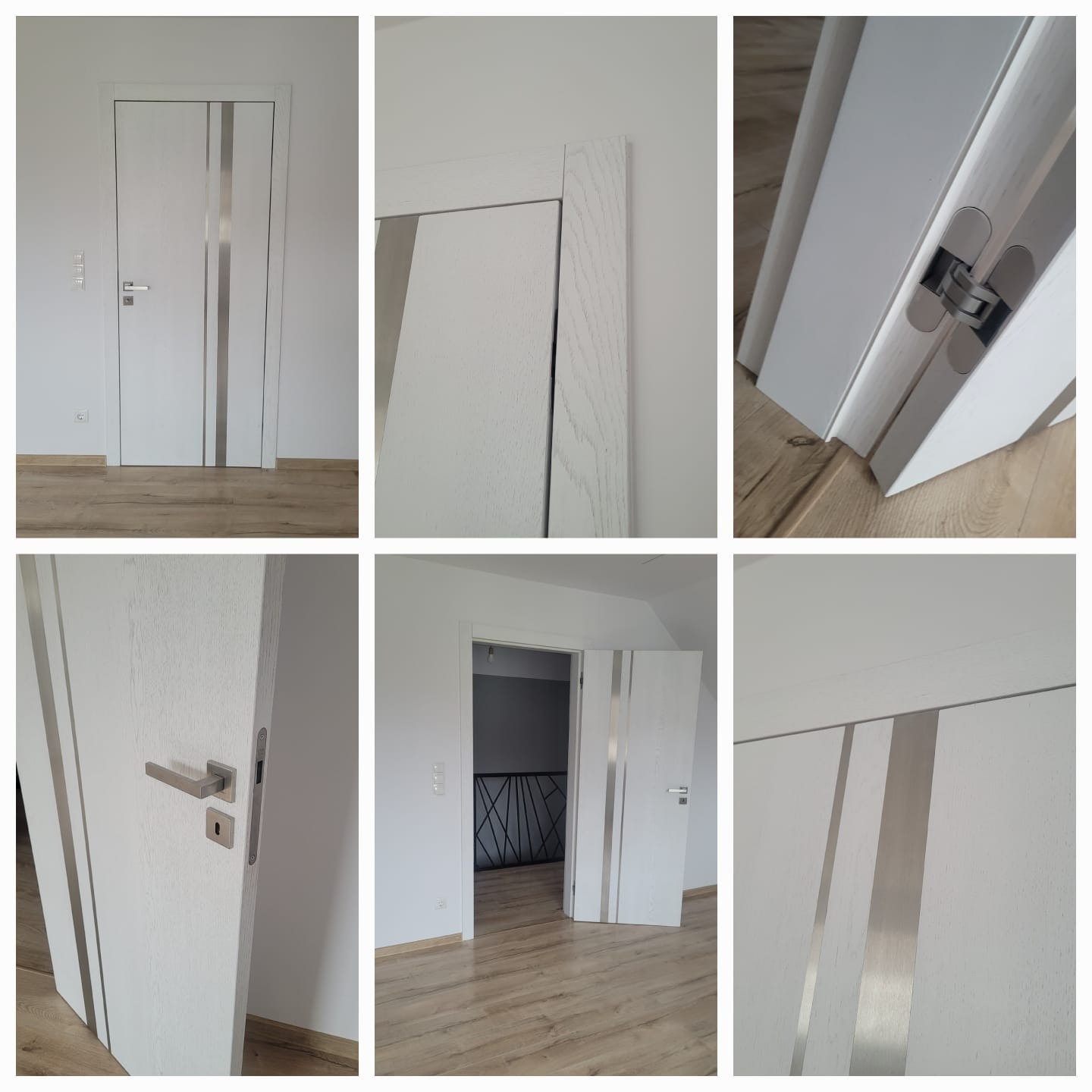 Białe drzwi z ukrytymi zawiasami i srebrnym paskiem dekoracyjnym, widoczne z różnych perspektyw w jasnym wnętrzu.