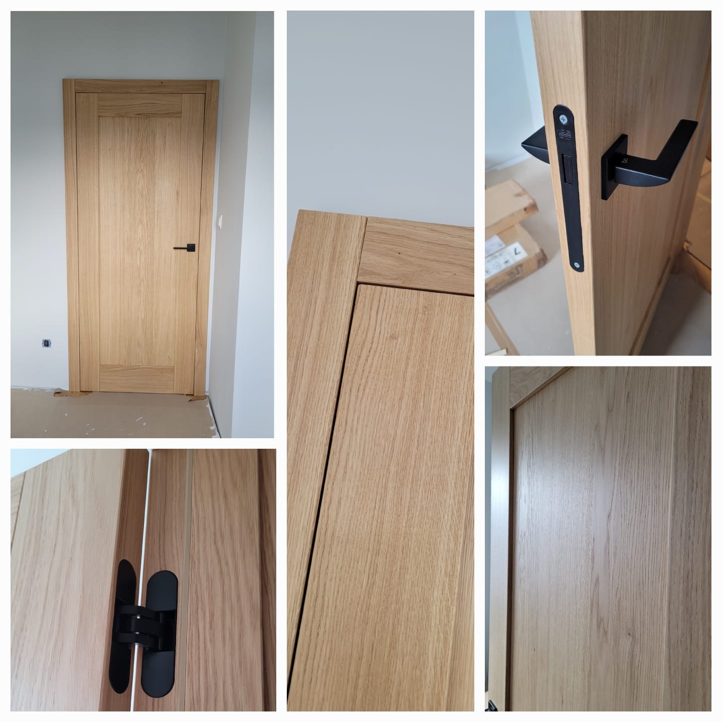 Drewniane drzwi wewnętrzne z czarną klamką, widoczne zawiasy ukryte w ościeżnicy, zbliżenie na strukturę drewna i detale wykończenia.