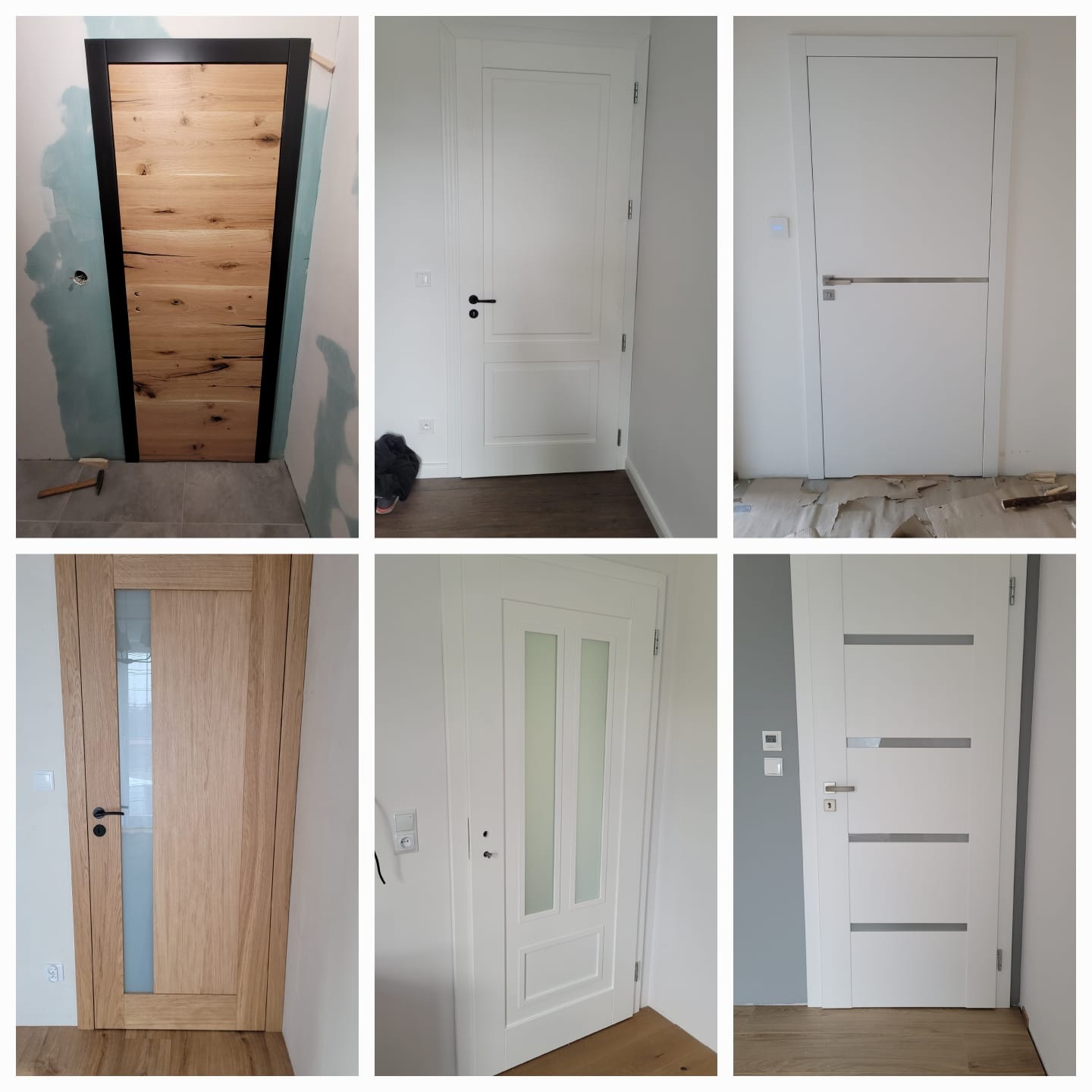 Kompozycja różnych modeli drzwi w Starych Siołkowicach, od drewnianych z czarną ramą i surowym wykończeniem, po gładkie, białe z minimalistycznymi uchwytami i przeszkleniami.