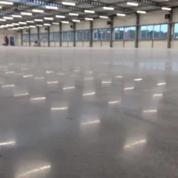 Błyszcząca, szara posadzka przemysłowa w hali z oknami i rzędami lamp sufitowych. W tle, przy ścianie, widoczna osoba pracująca na urządzeniu czyszczącym.