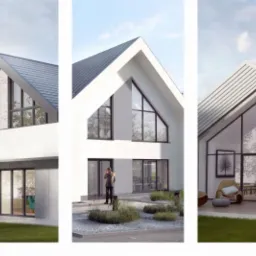 Wizualizacja szeregu nowoczesnych domów jednorodzinnych z dużymi przeszkleniami i różnymi wykończeniami elewacji, prezentująca koncepcje architektoniczne.