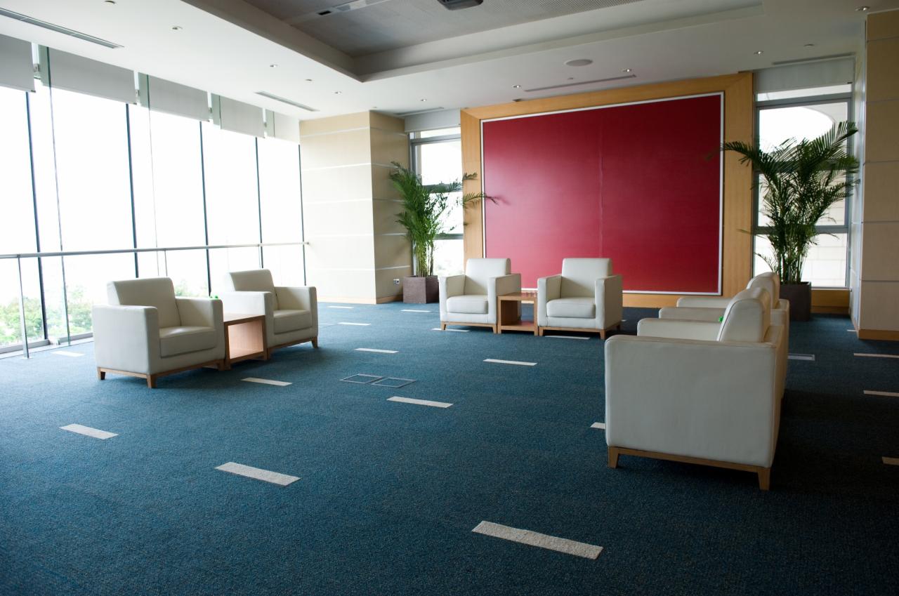 Przestronne biuro z błękitną wykładziną, białymi fotelami i dużymi oknami w nowoczesnym budynku.