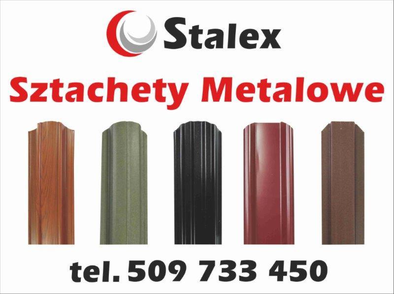 Metalowe sztachety w różnych kolorach i wzorach, prezentowane na białym tle z logo Stalex i numerem telefonu, ukazujące różnorodność wykończeń.