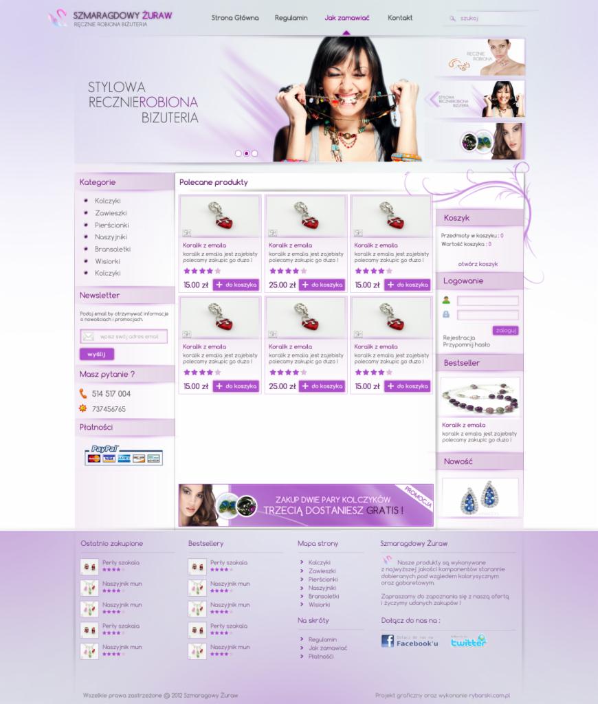 Zrzut ekranu strony internetowej sklepu z ręcznie robioną biżuterią, prezentujący kategorię polecanych produktów, newsletter oraz informacje kontaktowe.