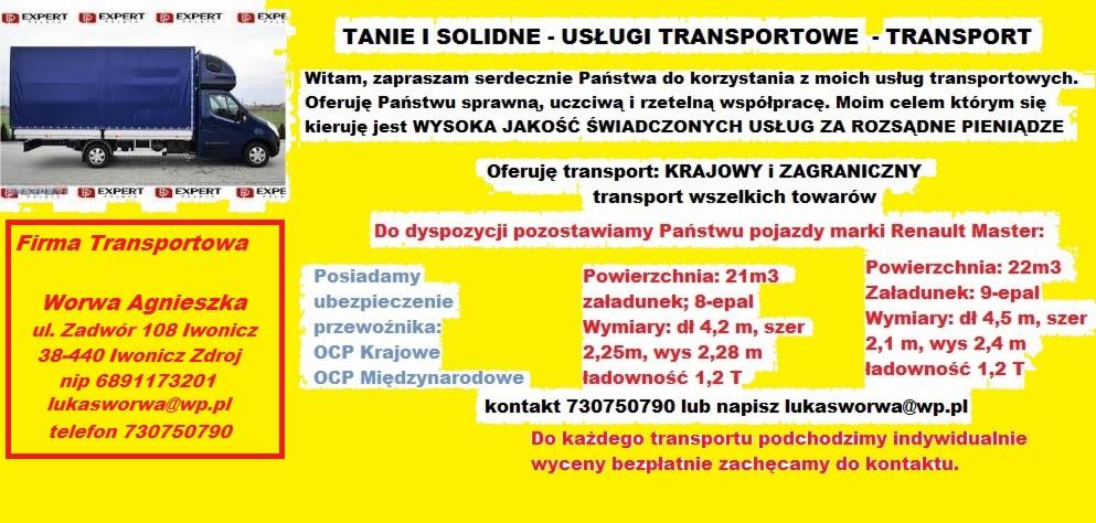 Bus Renault Master z plandeką, reklama firmy transportowej Worwa Agnieszka z Iwoncza Zdroju, z podanymi danymi kontaktowymi i parametrami pojazdów.