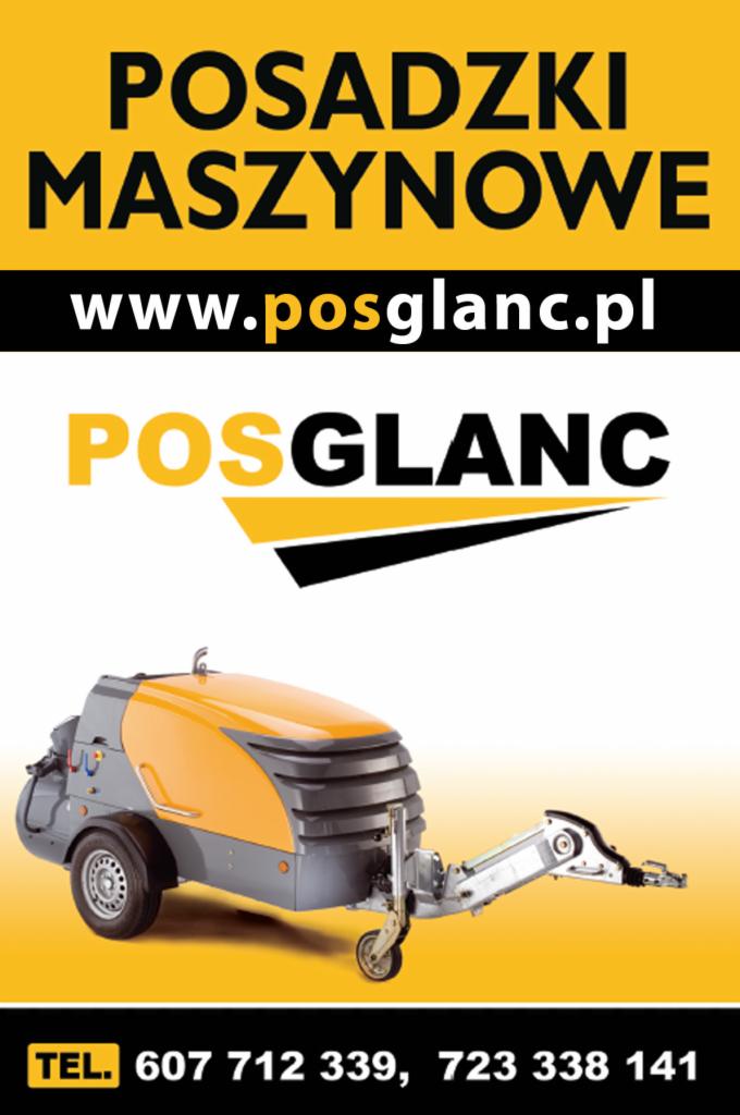 Plakat reklamowy: Posadzki maszynowe, strona www, logo firmy Posglanc i maszyna do wylewania posadzek. Żółto-białe tło, numery telefonów.