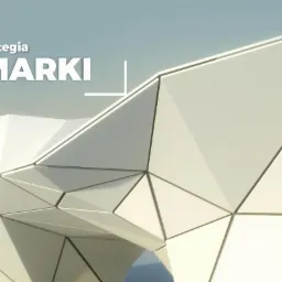 Abstrakcyjna wizualizacja strategii marki z geometrycznym tłem i napisem 'strategia MARKI' w nowoczesnym stylu.