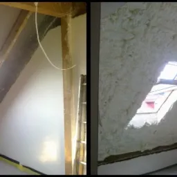 Porównanie poddasza przed i po natrysku pianki poliuretanowej: po lewej widoczne drewniane krokwie i szara izolacja, po prawej - biała pianka pokrywająca całą powierzchnię, okno dachowe w obu kadrach.